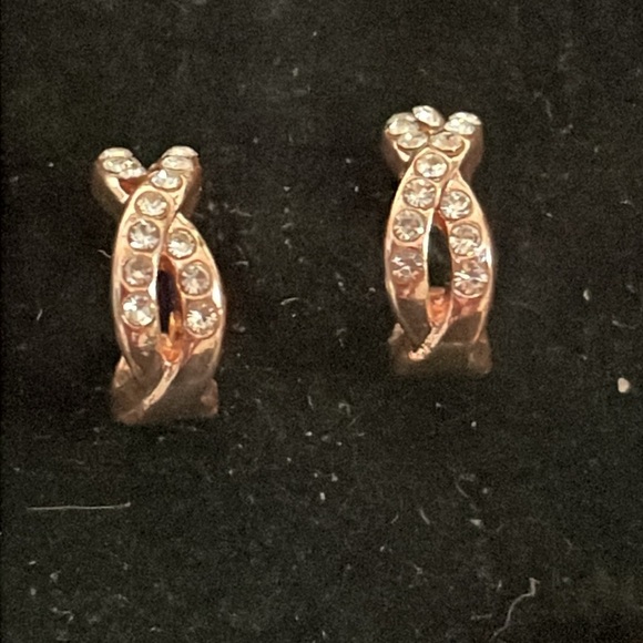 1” rose gold tone infinity stud earrings with 18 prong set crystals - Picture 5 of 16